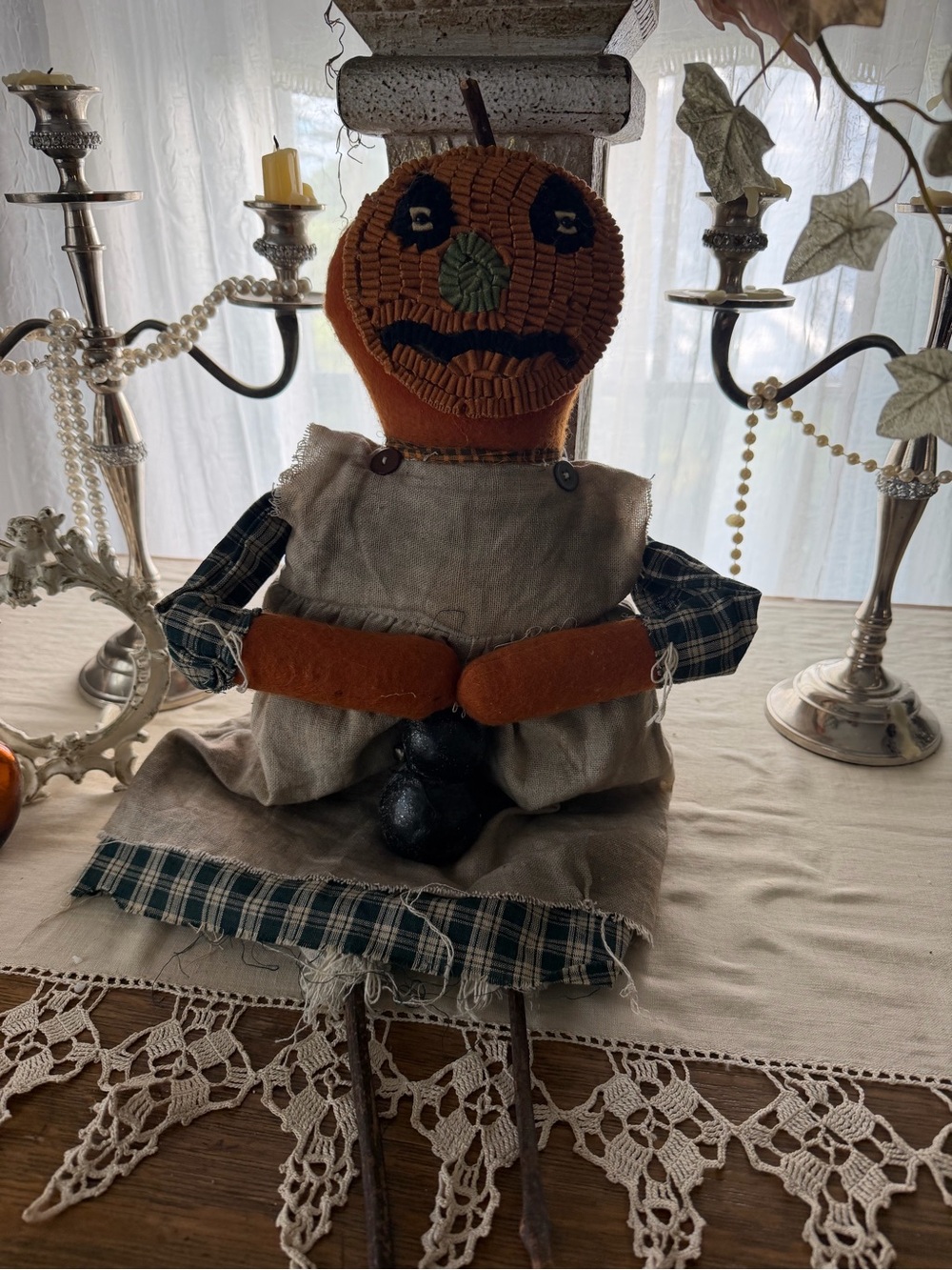 Handmade Vintage Primitive Pumpkin Masked Fabric Doll by Sonja Sandell